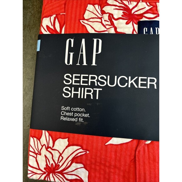 Gap Men Short Sleeve Seersucker Shirt L Cayenne Flower Fill New Red Relaxed - Picture 2 of 12
